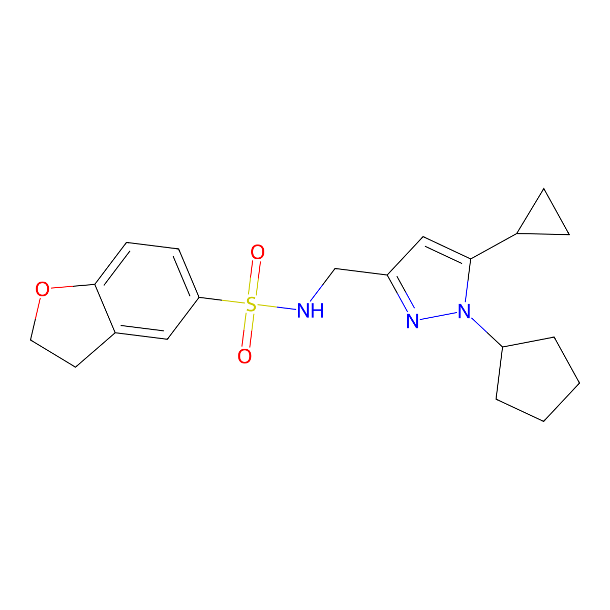 N-((1-cyclopentyl-5-cyclopropyl-1H-pyrazol-3-yl)methyl)-2,3-dihydrobenzofuran-5-sulfonamide molecular structure, CAS 1448130-74-2