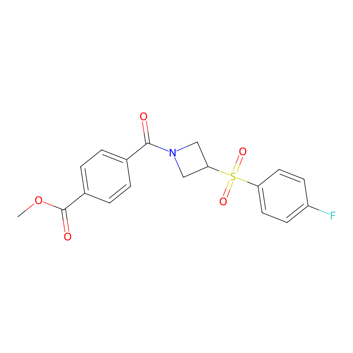 Methyl 4-(3-((4-fluorophenyl)sulfonyl)azetidine-1-carbonyl)benzoate molecular structure, CAS 1448130-79-7