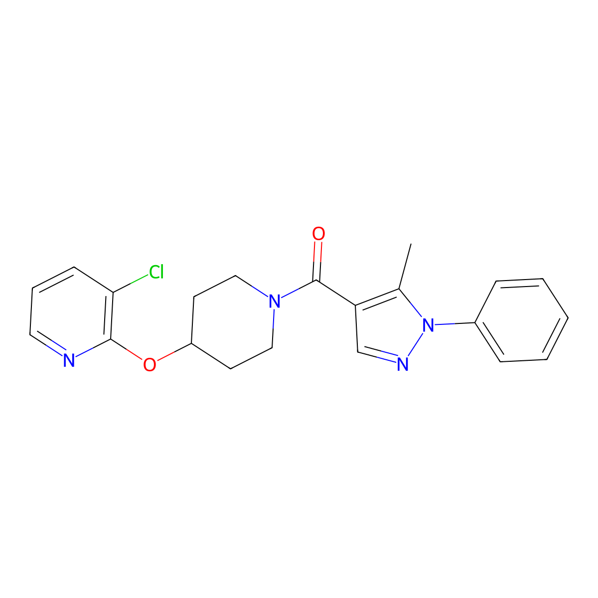 (4-((3-chloropyridin-2-yl)oxy)piperidin-1-yl)(5-methyl-1-phenyl-1H-pyrazol-4-yl)methanone molecular structure, CAS 1448130-94-6