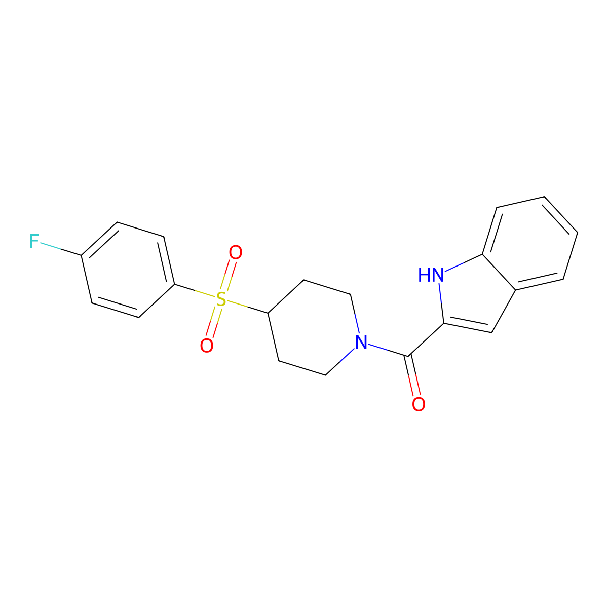 (4-((4-fluorophenyl)sulfonyl)piperidin-1-yl)(1H-indol-2-yl)methanone molecular structure, CAS 1448130-95-7