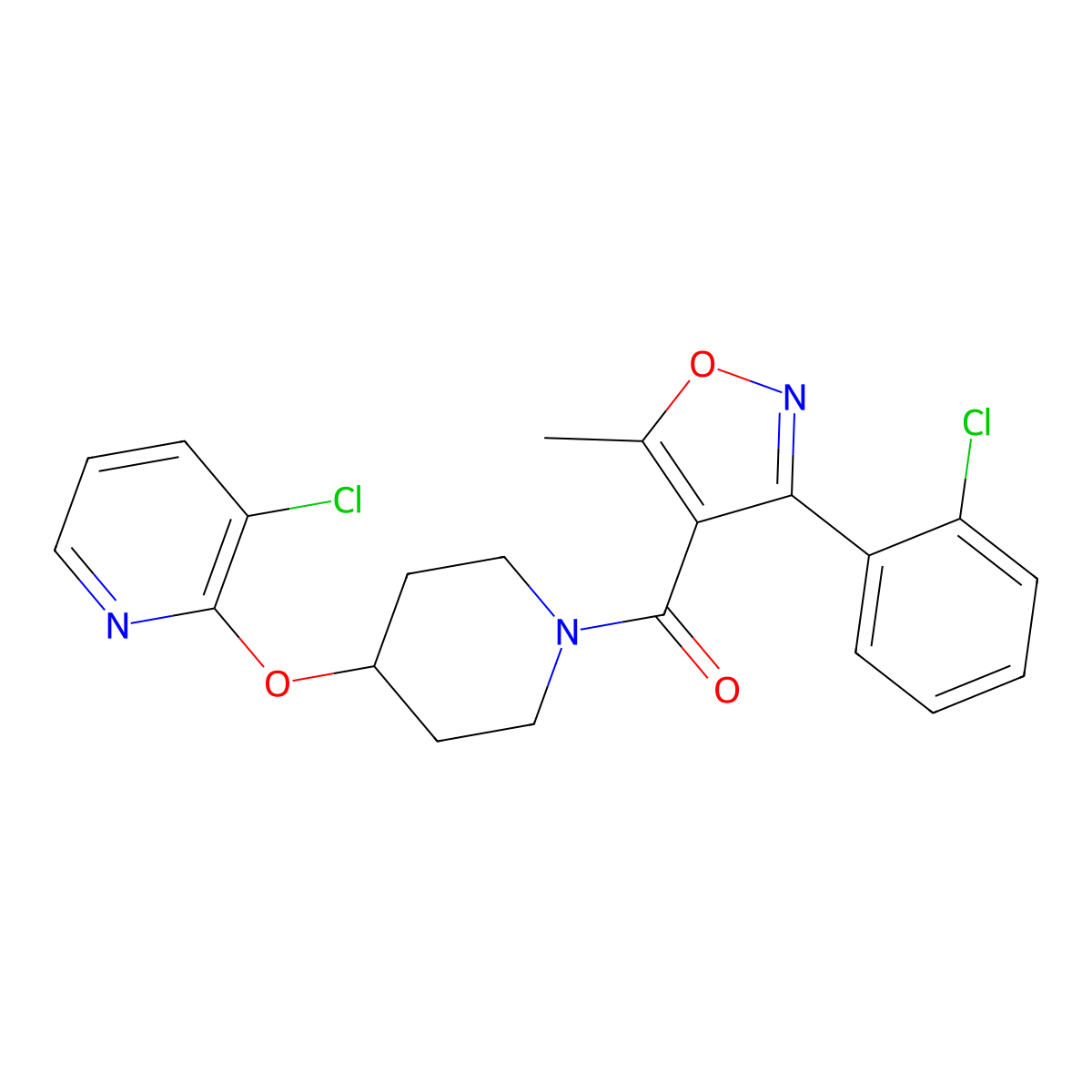 (3-(2-Chlorophenyl)-5-methylisoxazol-4-yl)(4-((3-chloropyridin-2-yl)oxy)piperidin-1-yl)methanone molecular structure, CAS 1448131-02-9
