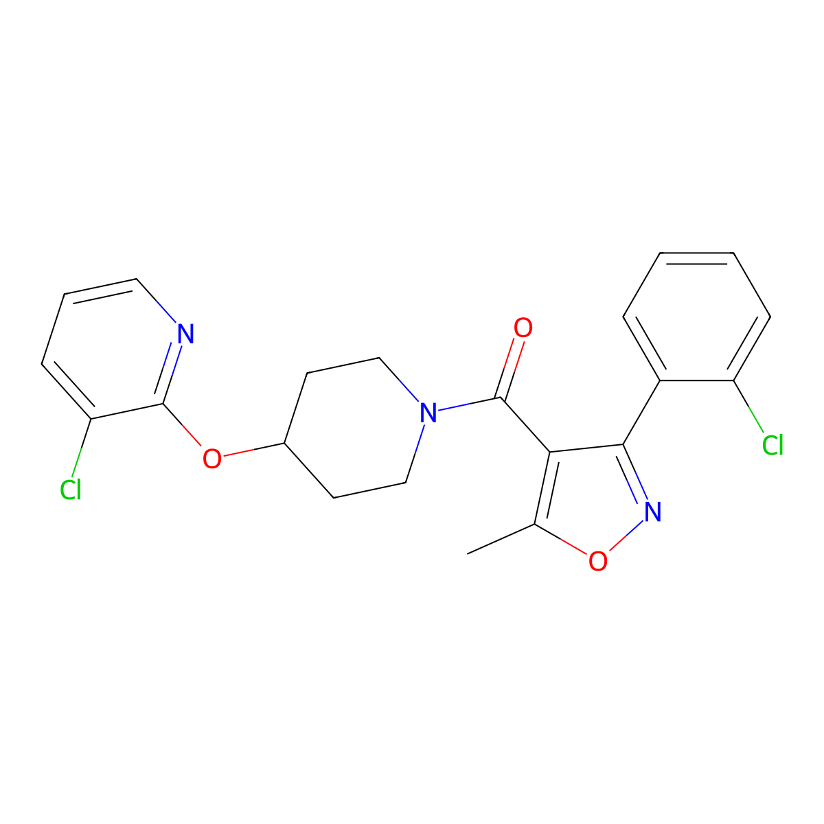 (3-(2-Chlorophenyl)-5-methylisoxazol-4-yl)(4-((3-chloropyridin-2-yl)oxy)piperidin-1-yl)methanone molecular structure, CAS 1448131-02-9