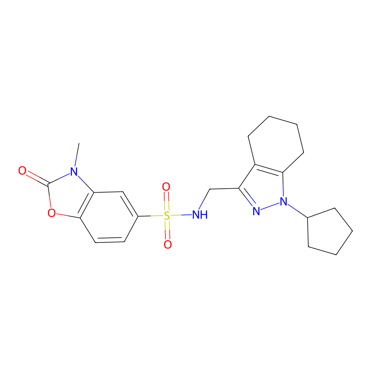 N-((1-cyclopentyl-4,5,6,7-tetrahydro-1H-indazol-3-yl)methyl)-3-methyl-2-oxo-2,3-dihydrobenzo[d]oxazole-5-sulfonamide molecular structure, CAS 1448131-28-9