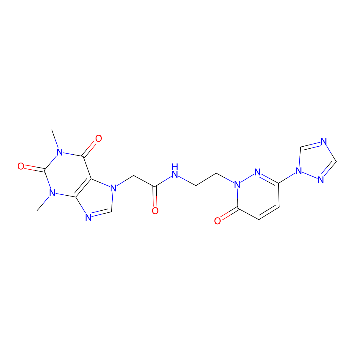 2-(1,3-dimethyl-2,6-dioxo-2,3-dihydro-1H-purin-7(6H)-yl)-N-(2-(6-oxo-3-(1H-1,2,4-triazol-1-yl)pyridazin-1(6H)-yl)ethyl)acetamide molecular structure, CAS 1448131-33-6