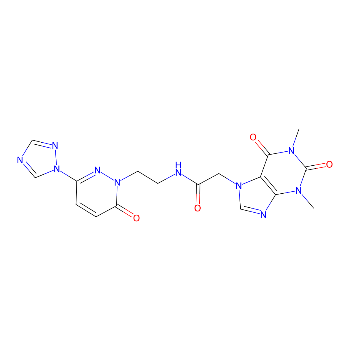 2-(1,3-dimethyl-2,6-dioxo-2,3-dihydro-1H-purin-7(6H)-yl)-N-(2-(6-oxo-3-(1H-1,2,4-triazol-1-yl)pyridazin-1(6H)-yl)ethyl)acetamide molecular structure, CAS 1448131-33-6