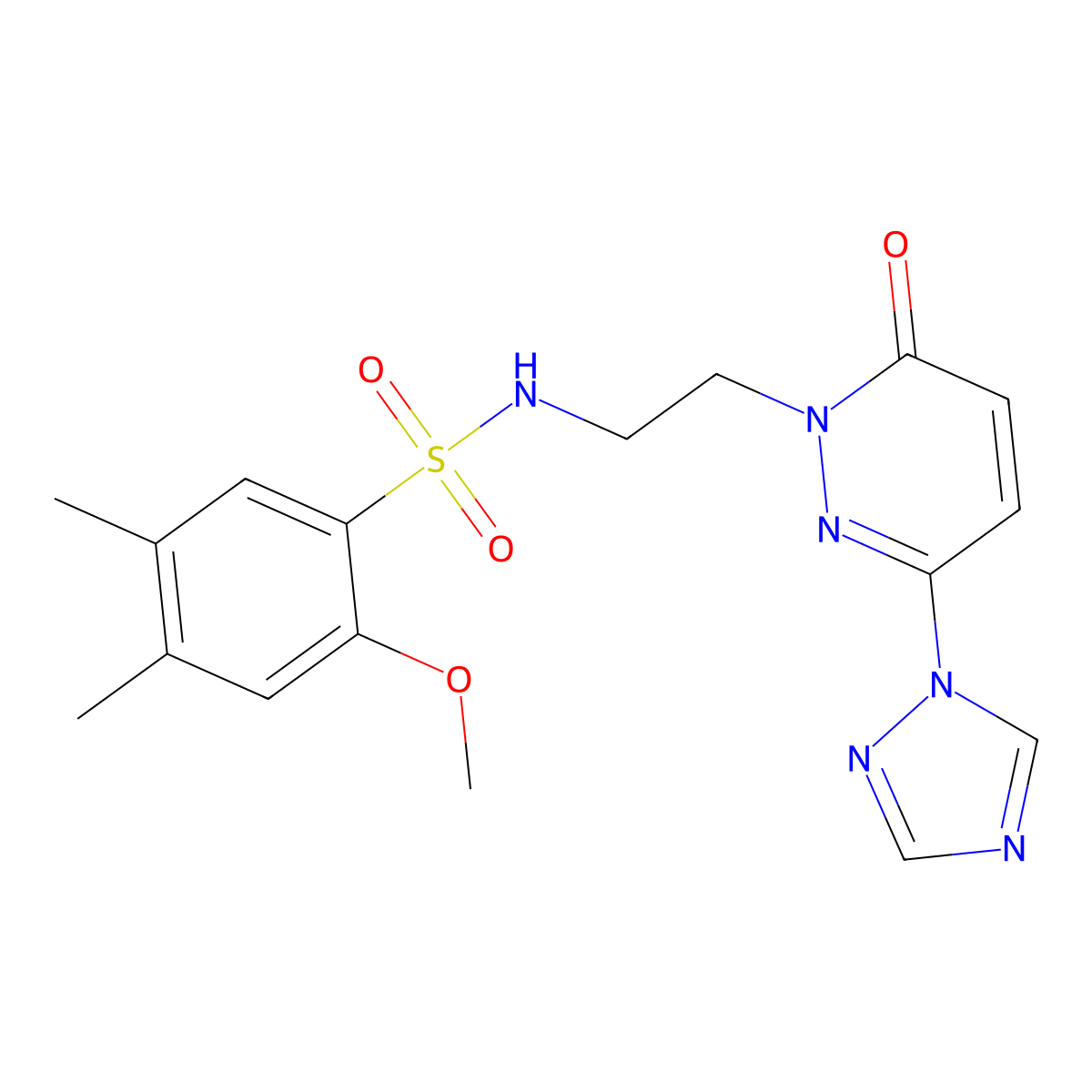 2-methoxy-4,5-dimethyl-N-(2-(6-oxo-3-(1H-1,2,4-triazol-1-yl)pyridazin-1(6H)-yl)ethyl)benzenesulfonamide molecular structure, CAS 1448131-42-7