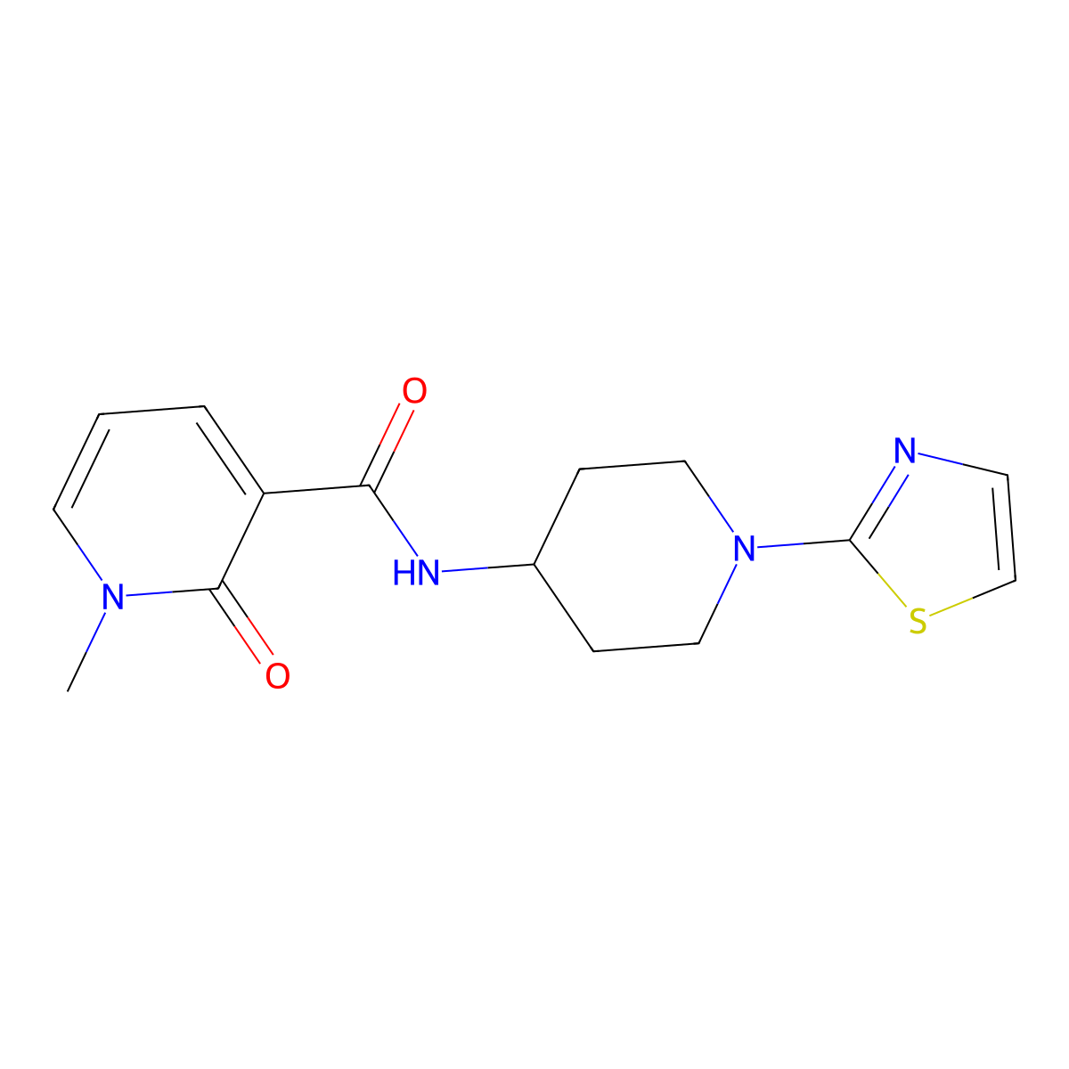 1-methyl-2-oxo-N-(1-(thiazol-2-yl)piperidin-4-yl)-1,2-dihydropyridine-3-carboxamide molecular structure, CAS 1448131-49-4