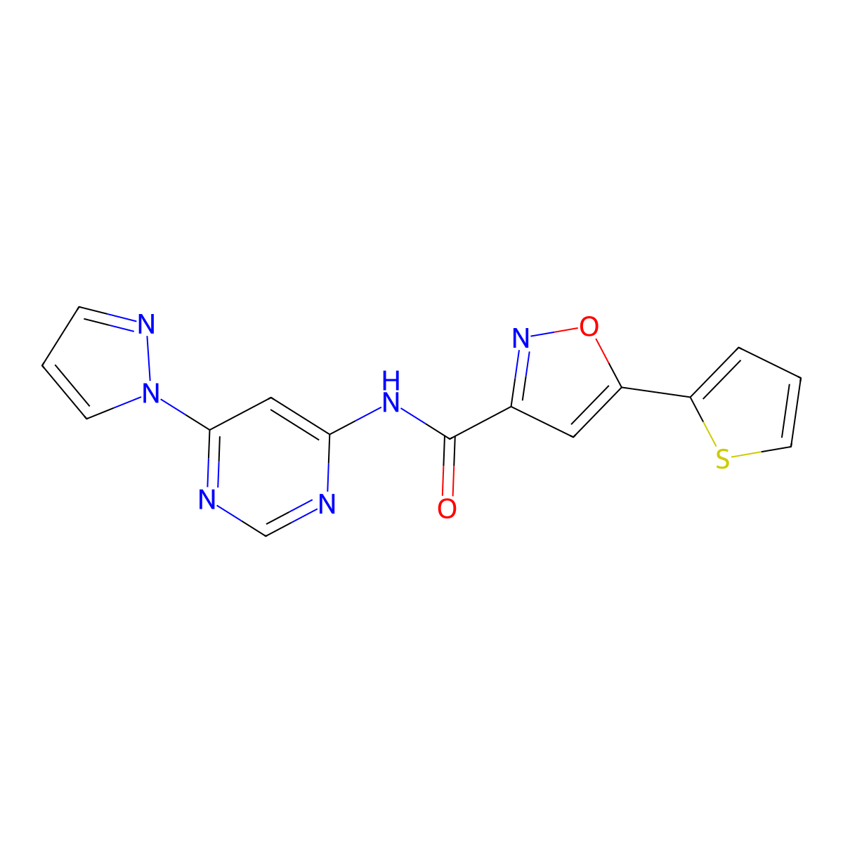 N-(6-(1H-pyrazol-1-yl)pyrimidin-4-yl)-5-(thiophen-2-yl)isoxazole-3-carboxamide molecular structure, CAS 1448131-60-9