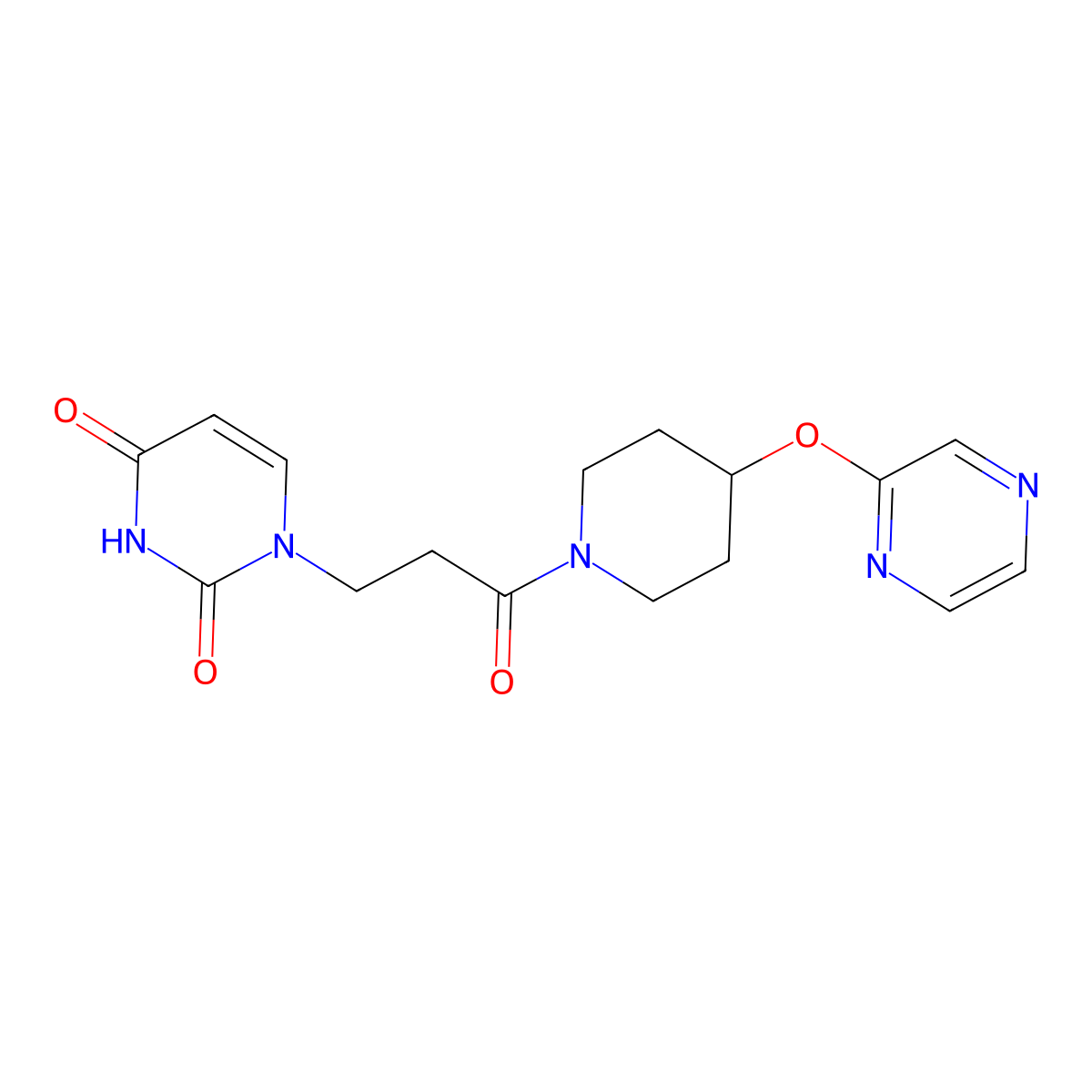 1-(3-oxo-3-(4-(pyrazin-2-yloxy)piperidin-1-yl)propyl)pyrimidine-2,4(1H,3H)-dione molecular structure, CAS 1448131-63-2