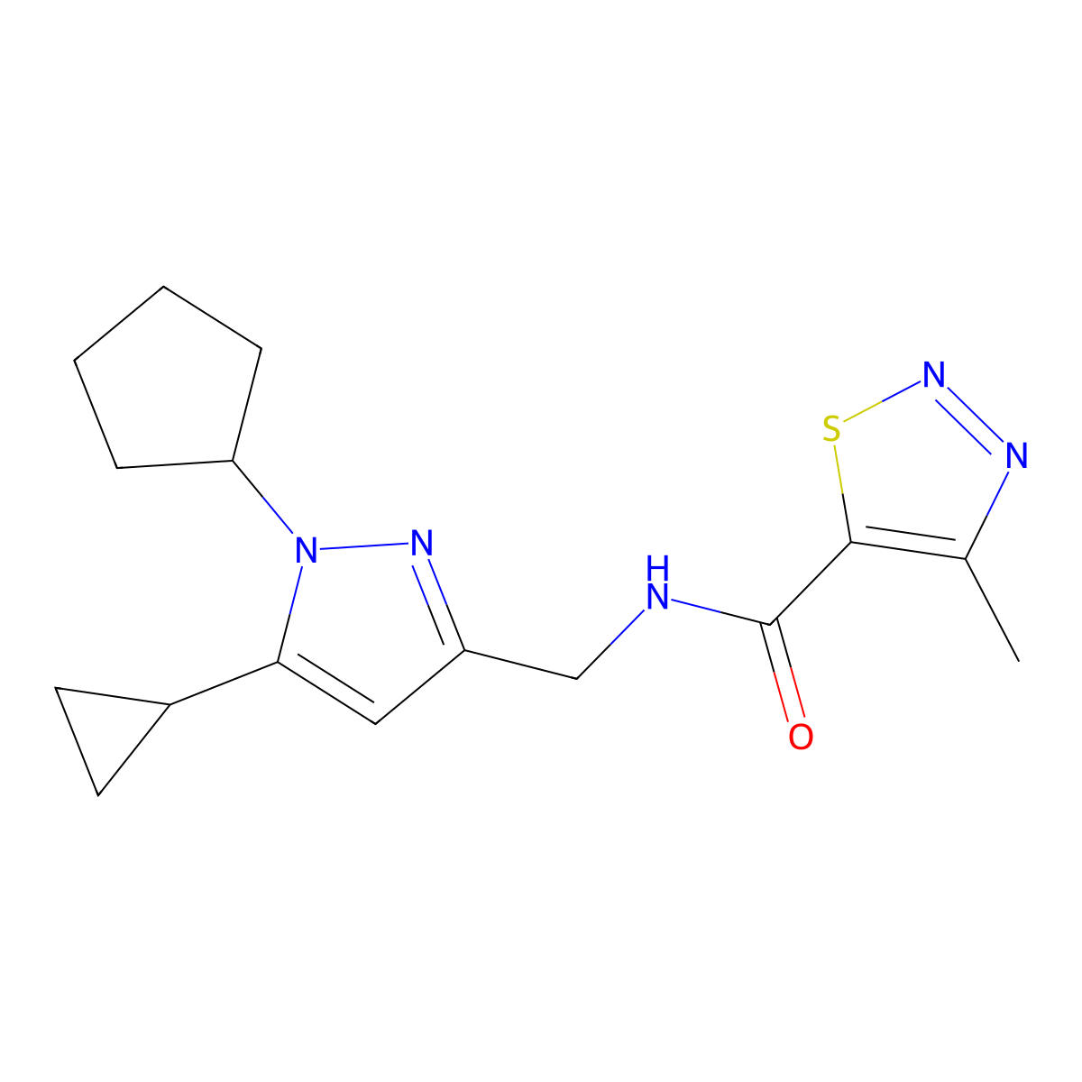 N-[(1-cyclopentyl-5-cyclopropyl-1H-pyrazol-3-yl)methyl]-4-methyl-1,2,3-thiadiazole-5-carboxamide molecular structure, CAS 1448131-73-4