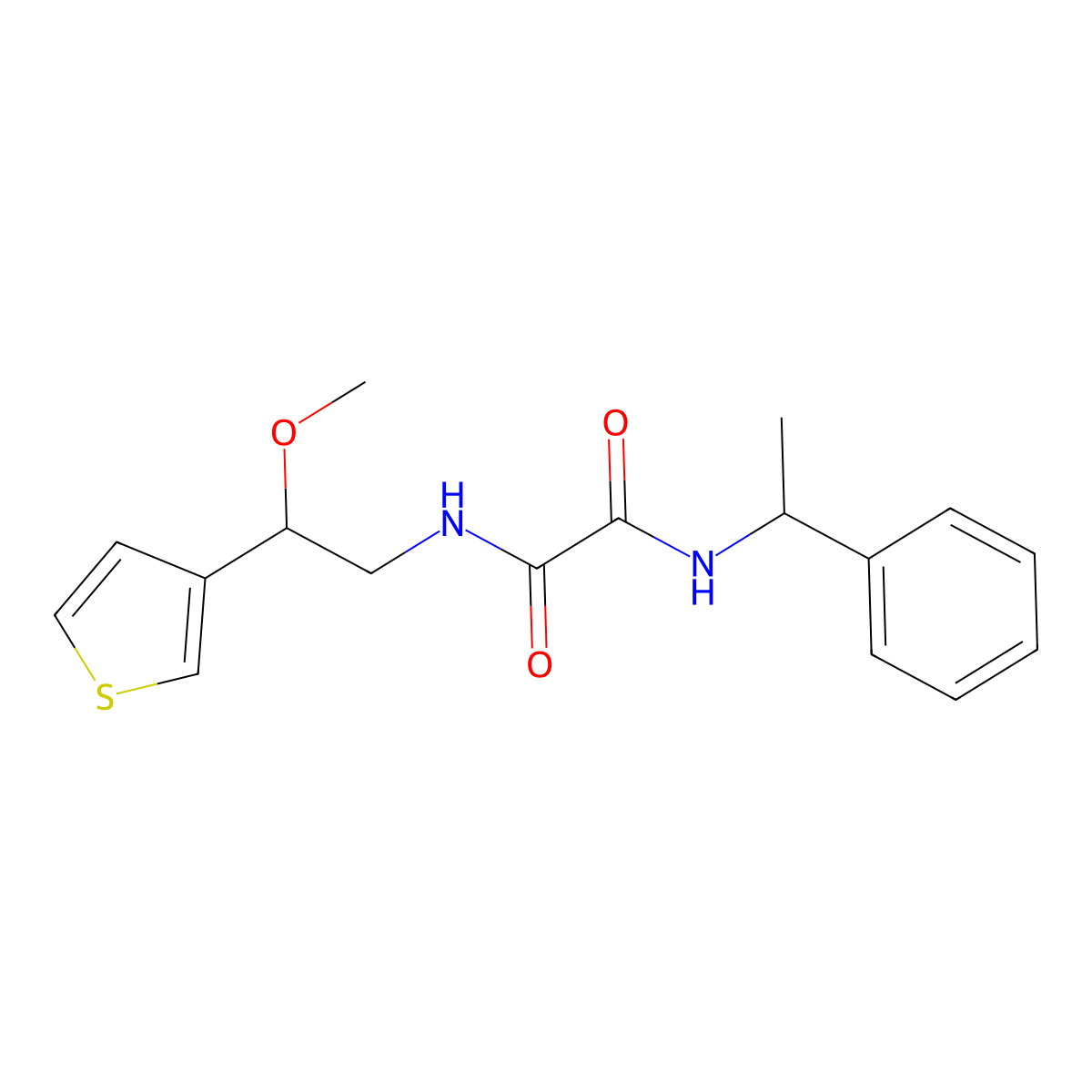 N1-(2-methoxy-2-(thiophen-3-yl)ethyl)-N2-(1-phenylethyl)oxalamide molecular structure, CAS 1448131-75-6
