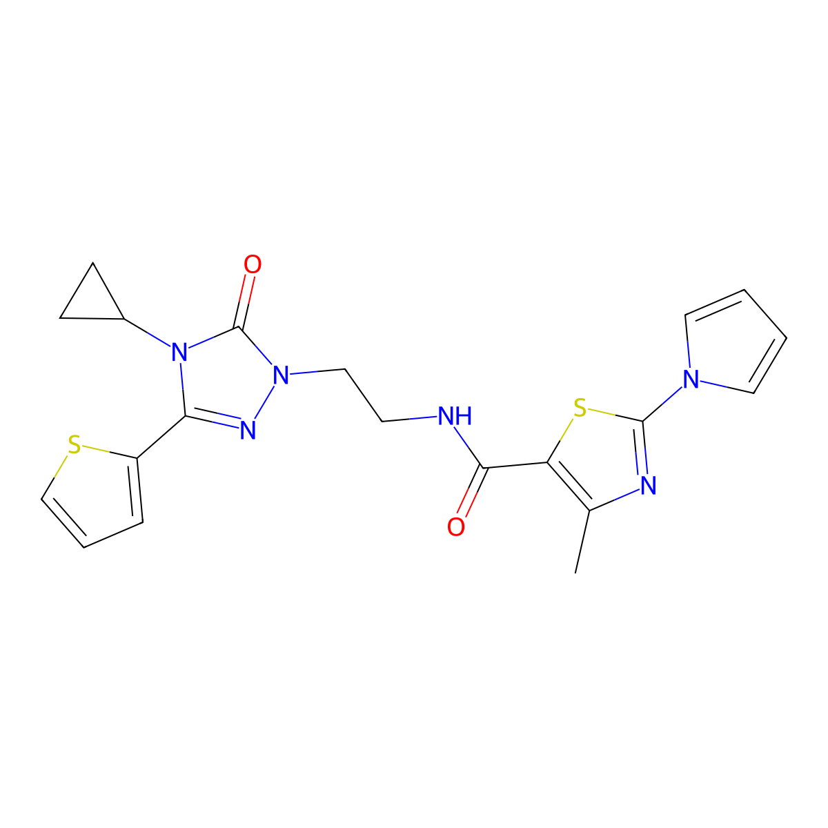 N-(2-(4-cyclopropyl-5-oxo-3-(thiophen-2-yl)-4,5-dihydro-1H-1,2,4-triazol-1-yl)ethyl)-4-methyl-2-(1H-pyrrol-1-yl)thiazole-5-carboxamide molecular structure, CAS 1448131-79-0