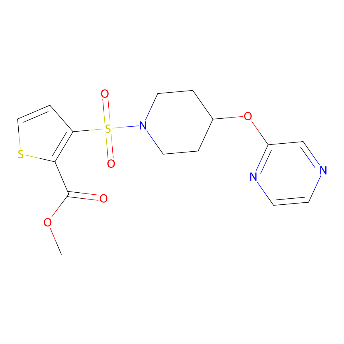 Methyl 3-((4-(pyrazin-2-yloxy)piperidin-1-yl)sulfonyl)thiophene-2-carboxylate molecular structure, CAS 1448131-81-4