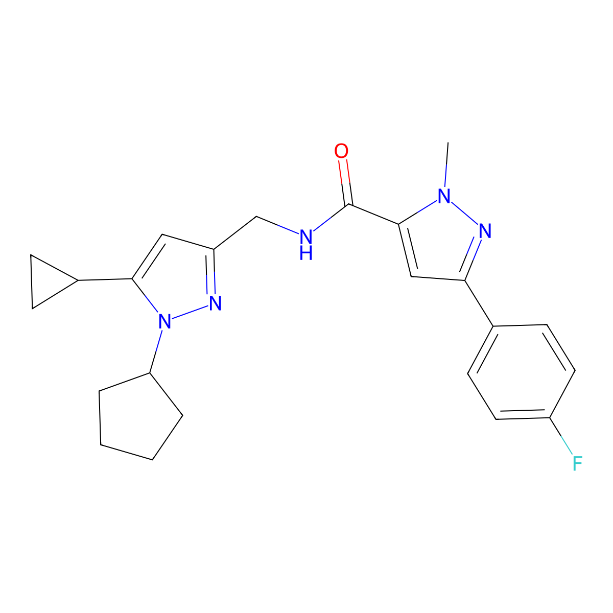 N-[(1-cyclopentyl-5-cyclopropyl-1H-pyrazol-3-yl)methyl]-3-(4-fluorophenyl)-1-methyl-1H-pyrazole-5-carboxamide molecular structure, CAS 1448131-86-9