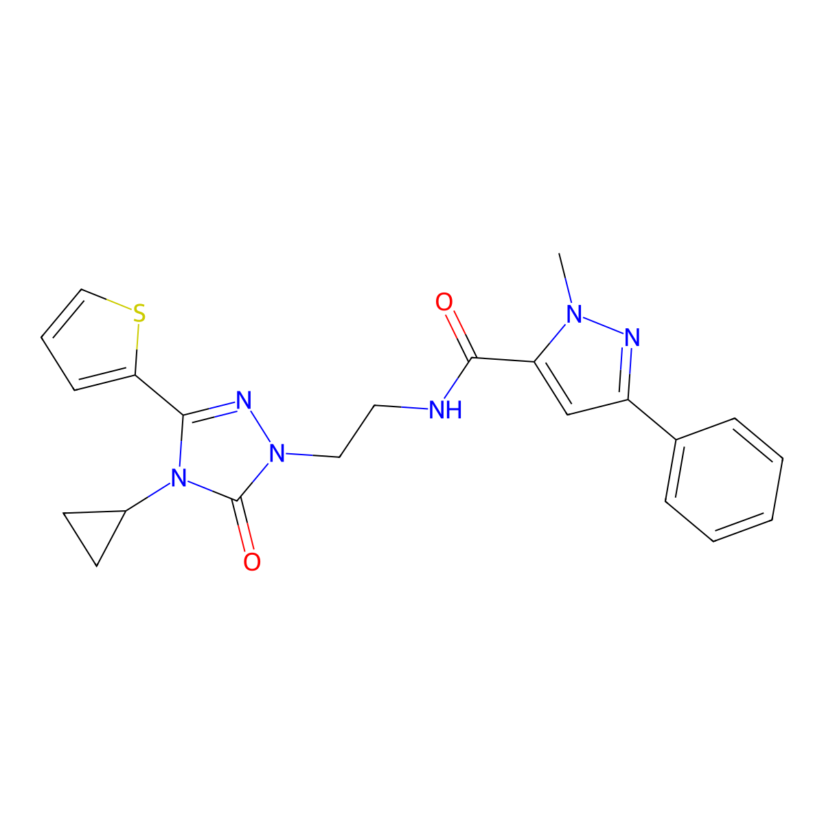 N-{2-[4-cyclopropyl-5-oxo-3-(thiophen-2-yl)-4,5-dihydro-1H-1,2,4-triazol-1-yl]ethyl}-1-methyl-3-phenyl-1H-pyrazole-5-carboxamide molecular structure, CAS 1448131-88-1
