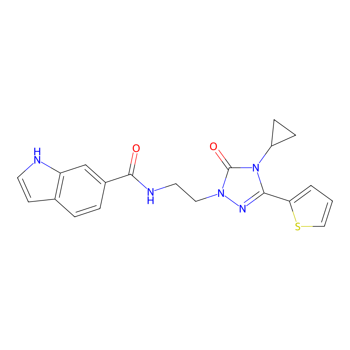 N-{2-[4-cyclopropyl-5-oxo-3-(thiophen-2-yl)-4,5-dihydro-1H-1,2,4-triazol-1-yl]ethyl}-1H-indole-6-carboxamide molecular structure, CAS 1448131-97-2