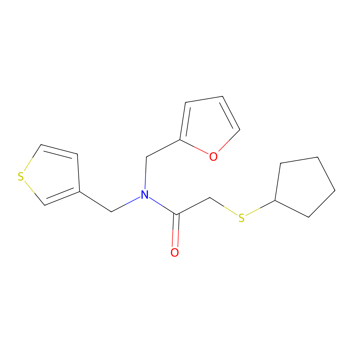 2-(cyclopentylthio)-N-(furan-2-ylmethyl)-N-(thiophen-3-ylmethyl)acetamide molecular structure, CAS 1448132-14-6