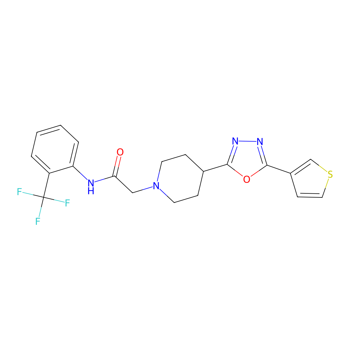 2-{4-[5-(Thiophen-3-YL)-1,3,4-oxadiazol-2-YL]piperidin-1-YL}-N-[2-(trifluoromethyl)phenyl]acetamide molecular structure, CAS 1448132-18-0