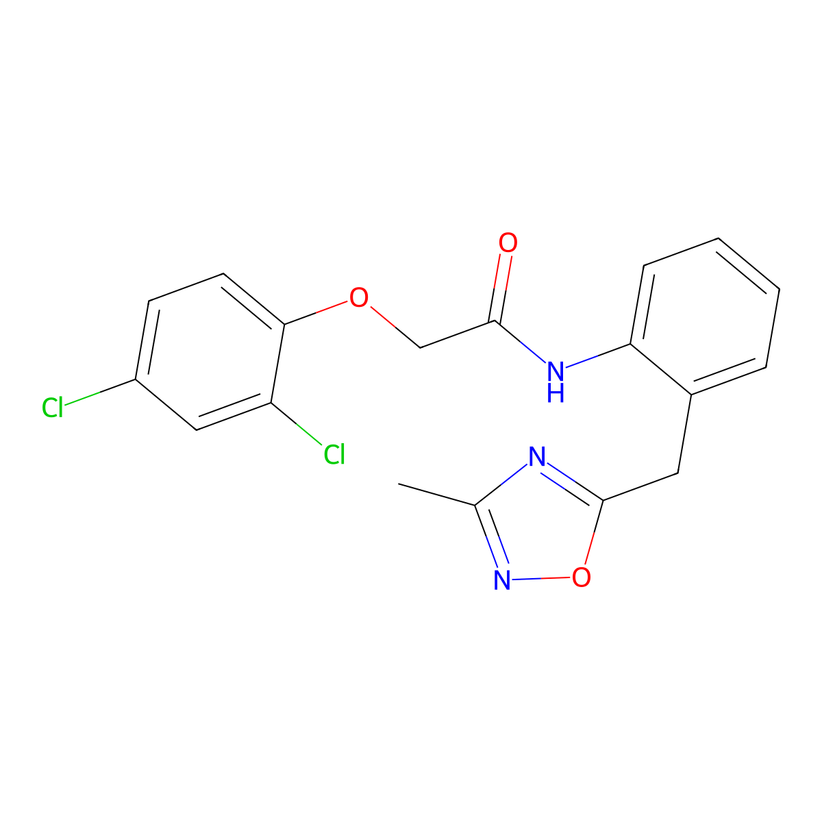2-(2,4-dichlorophenoxy)-N-(2-((3-methyl-1,2,4-oxadiazol-5-yl)methyl)phenyl)acetamide molecular structure, CAS 1448132-31-7