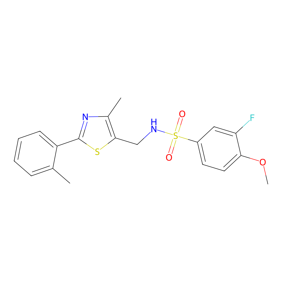 3-fluoro-4-methoxy-N-((4-methyl-2-(o-tolyl)thiazol-5-yl)methyl)benzenesulfonamide molecular structure, CAS 1448132-47-5