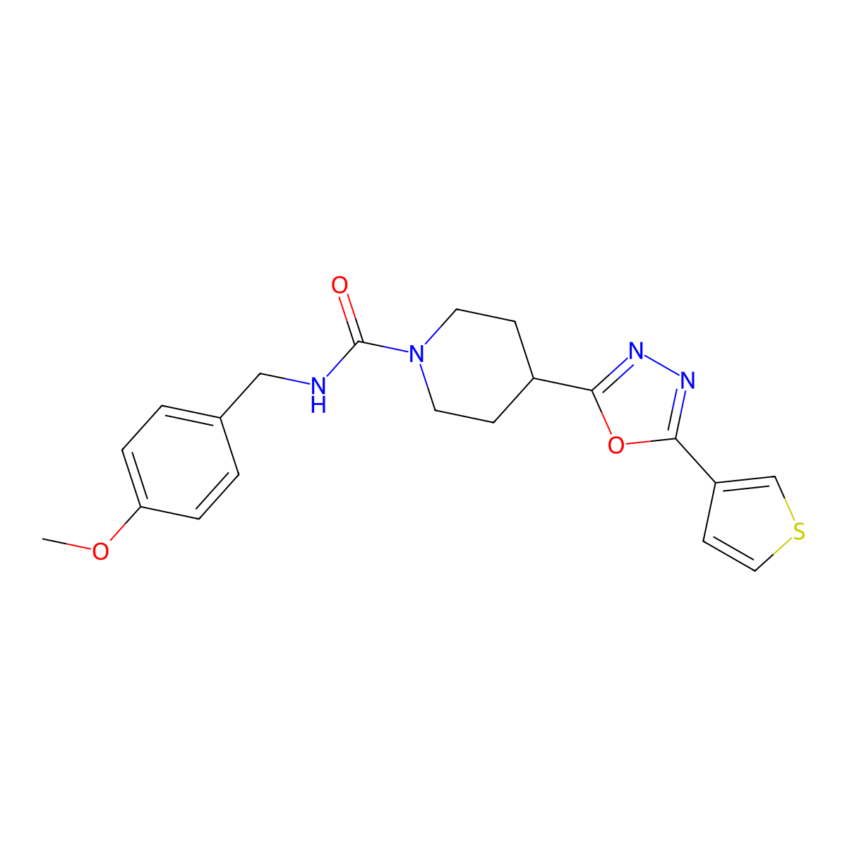 N-(4-methoxybenzyl)-4-(5-(thiophen-3-yl)-1,3,4-oxadiazol-2-yl)piperidine-1-carboxamide molecular structure, CAS 1448132-54-4