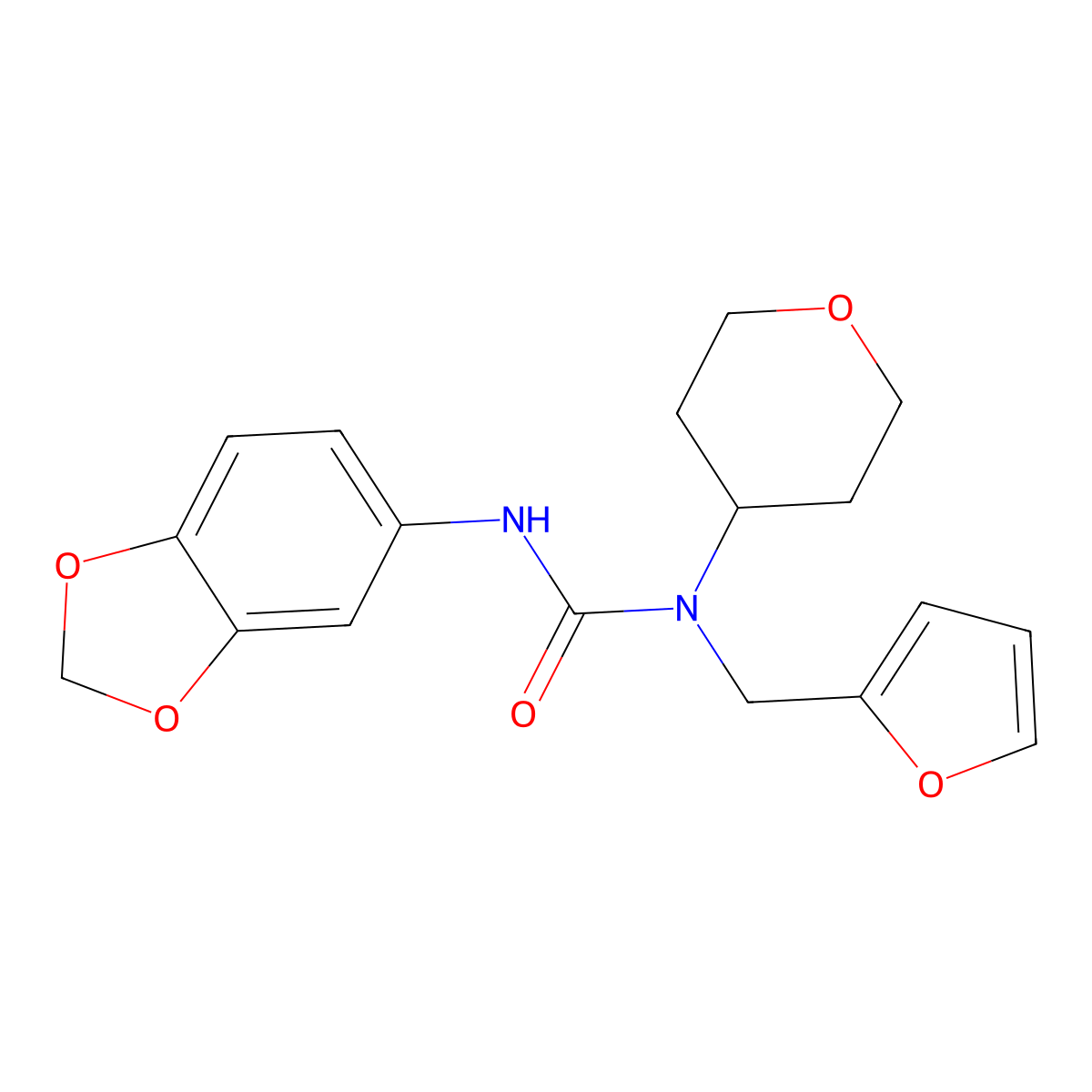 3-(benzo[d][1,3]dioxol-5-yl)-1-(furan-2-ylmethyl)-1-(tetrahydro-2H-pyran-4-yl)urea molecular structure, CAS 1448132-55-5