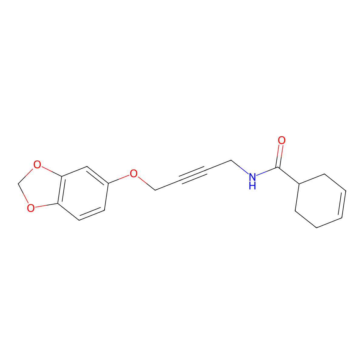 N-(4-(benzo[d][1,3]dioxol-5-yloxy)but-2-yn-1-yl)cyclohex-3-enecarboxamide molecular structure, CAS 1448132-56-6