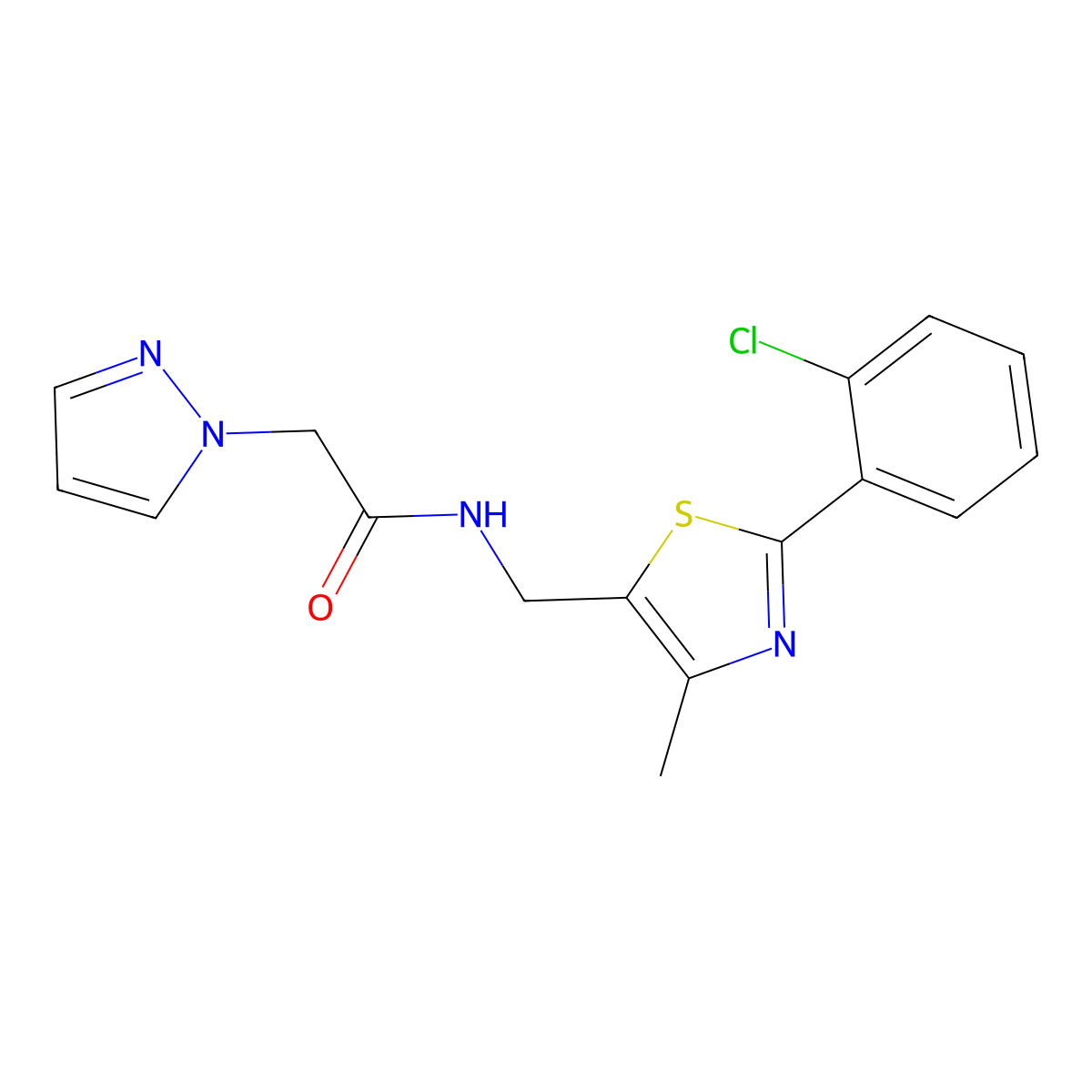 N-((2-(2-chlorophenyl)-4-methylthiazol-5-yl)methyl)-2-(1H-pyrazol-1-yl)acetamide molecular structure, CAS 1448132-61-3