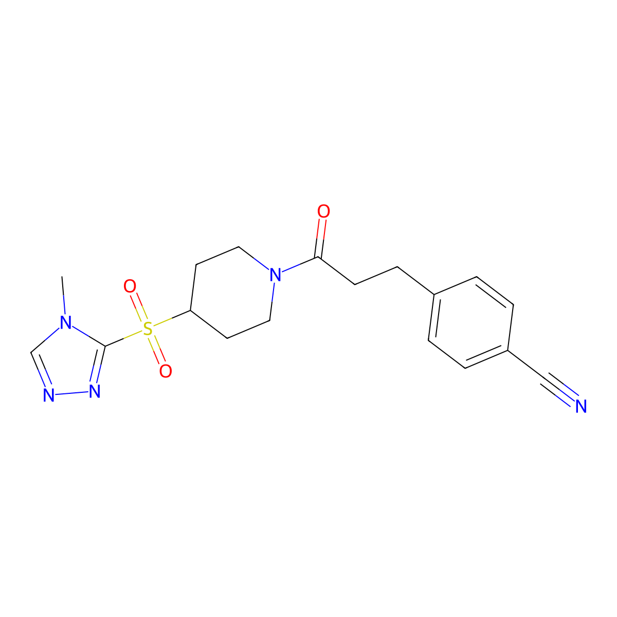 4-(3-(4-((4-methyl-4H-1,2,4-triazol-3-yl)sulfonyl)piperidin-1-yl)-3-oxopropyl)benzonitrile molecular structure, CAS 1448132-64-6