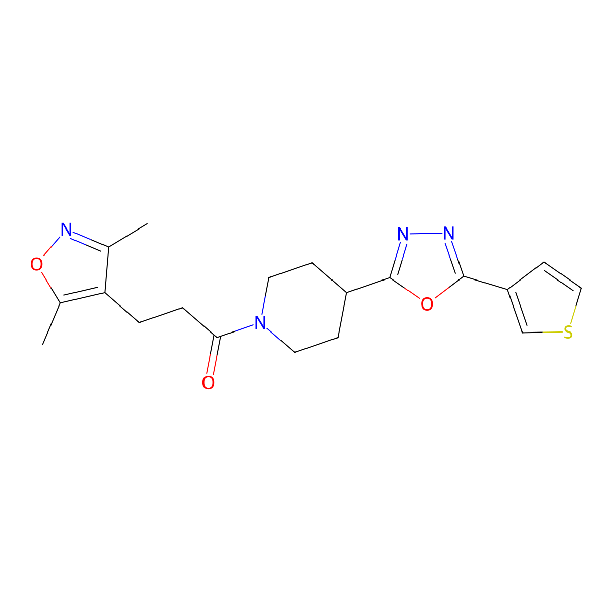 3-(3,5-Dimethylisoxazol-4-yl)-1-(4-(5-(thiophen-3-yl)-1,3,4-oxadiazol-2-yl)piperidin-1-yl)propan-1-one molecular structure, CAS 1448132-80-6