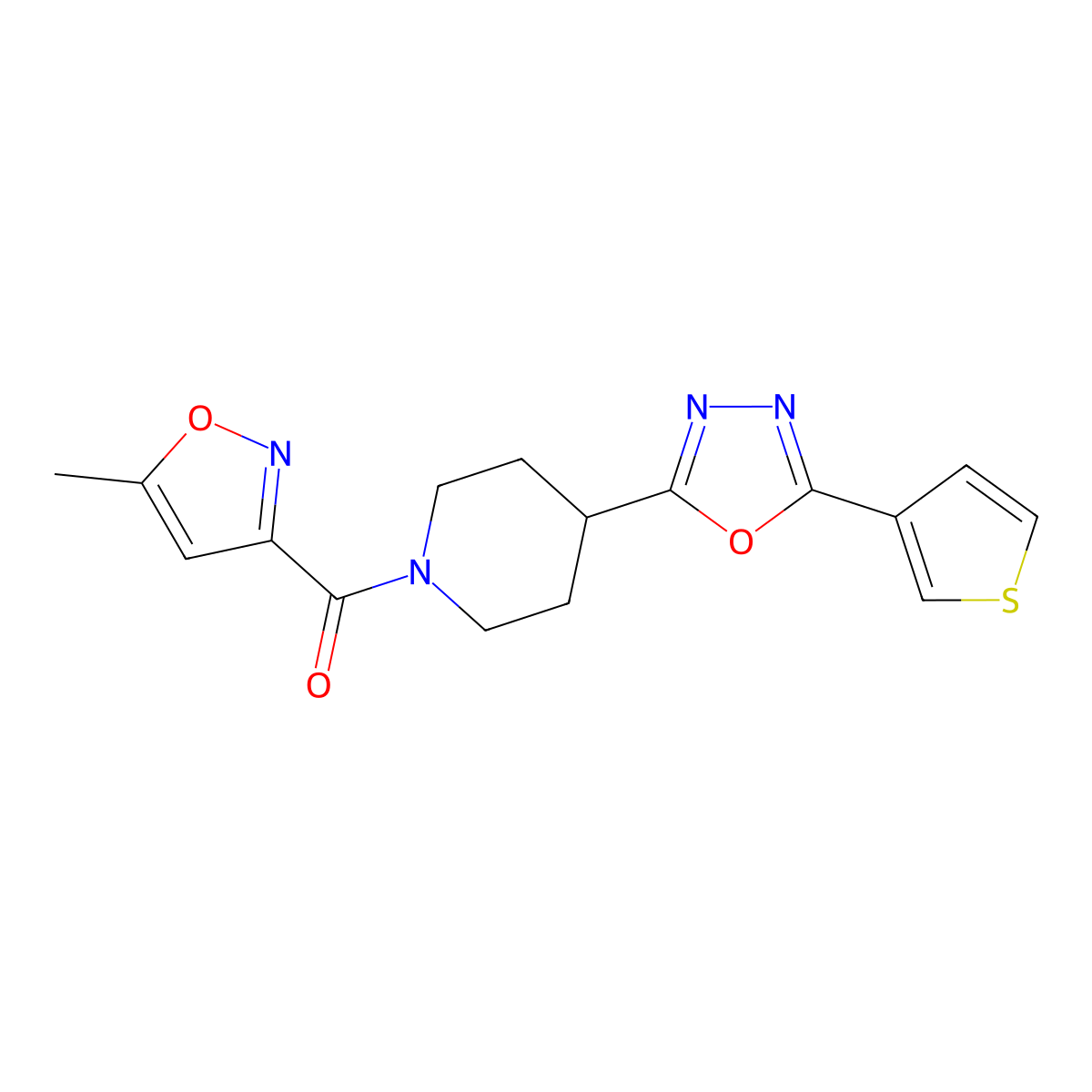 (5-Methylisoxazol-3-yl)(4-(5-(thiophen-3-yl)-1,3,4-oxadiazol-2-yl)piperidin-1-yl)methanone molecular structure, CAS 1448132-88-4