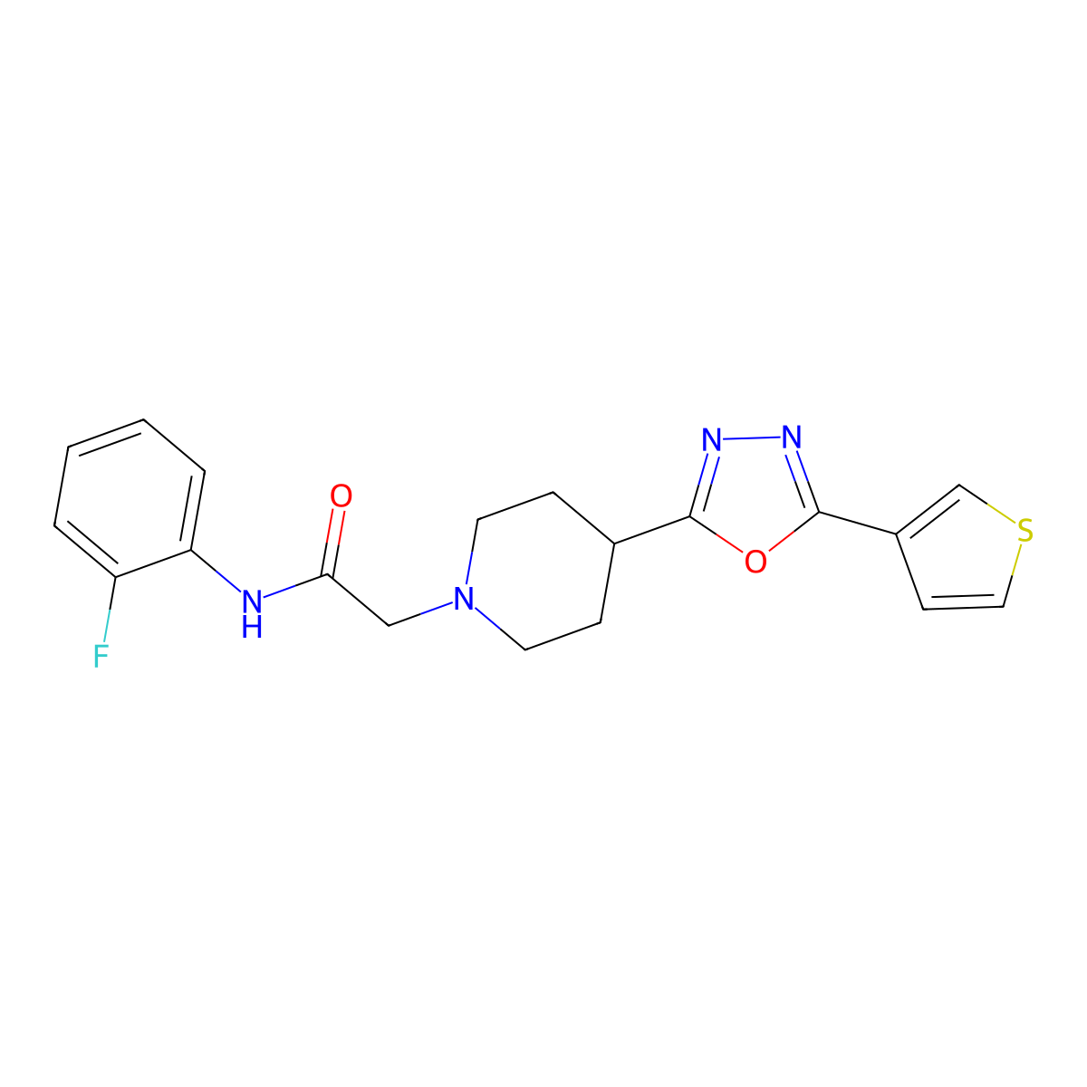 N-(2-fluorophenyl)-2-(4-(5-(thiophen-3-yl)-1,3,4-oxadiazol-2-yl)piperidin-1-yl)acetamide molecular structure, CAS 1448132-93-1