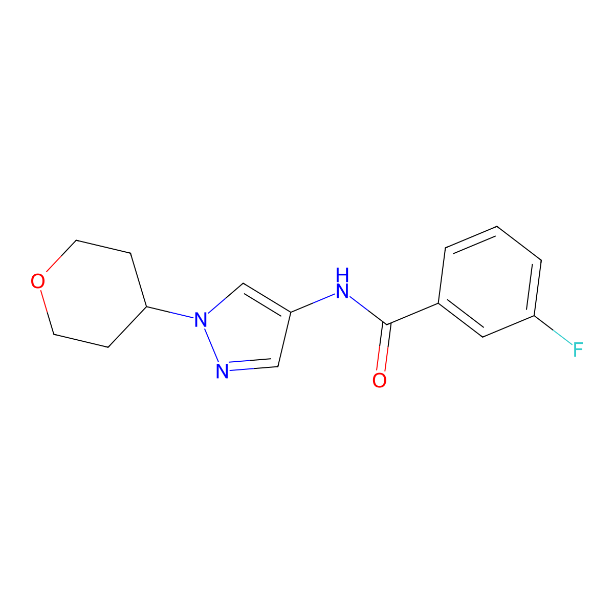 3-fluoro-N-(1-(tetrahydro-2H-pyran-4-yl)-1H-pyrazol-4-yl)benzamide molecular structure, CAS 1448133-03-6