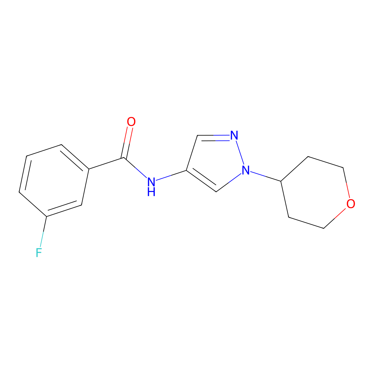 3-fluoro-N-(1-(tetrahydro-2H-pyran-4-yl)-1H-pyrazol-4-yl)benzamide molecular structure, CAS 1448133-03-6