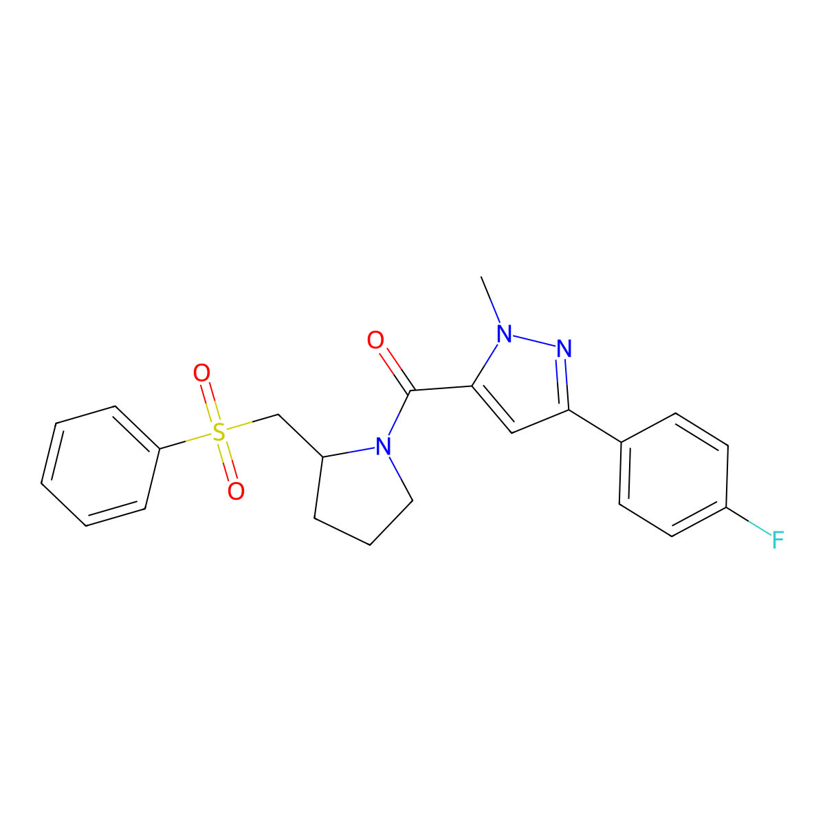 (3-(4-fluorophenyl)-1-methyl-1H-pyrazol-5-yl)(2-((phenylsulfonyl)methyl)pyrrolidin-1-yl)methanone molecular structure, CAS 1448133-04-7