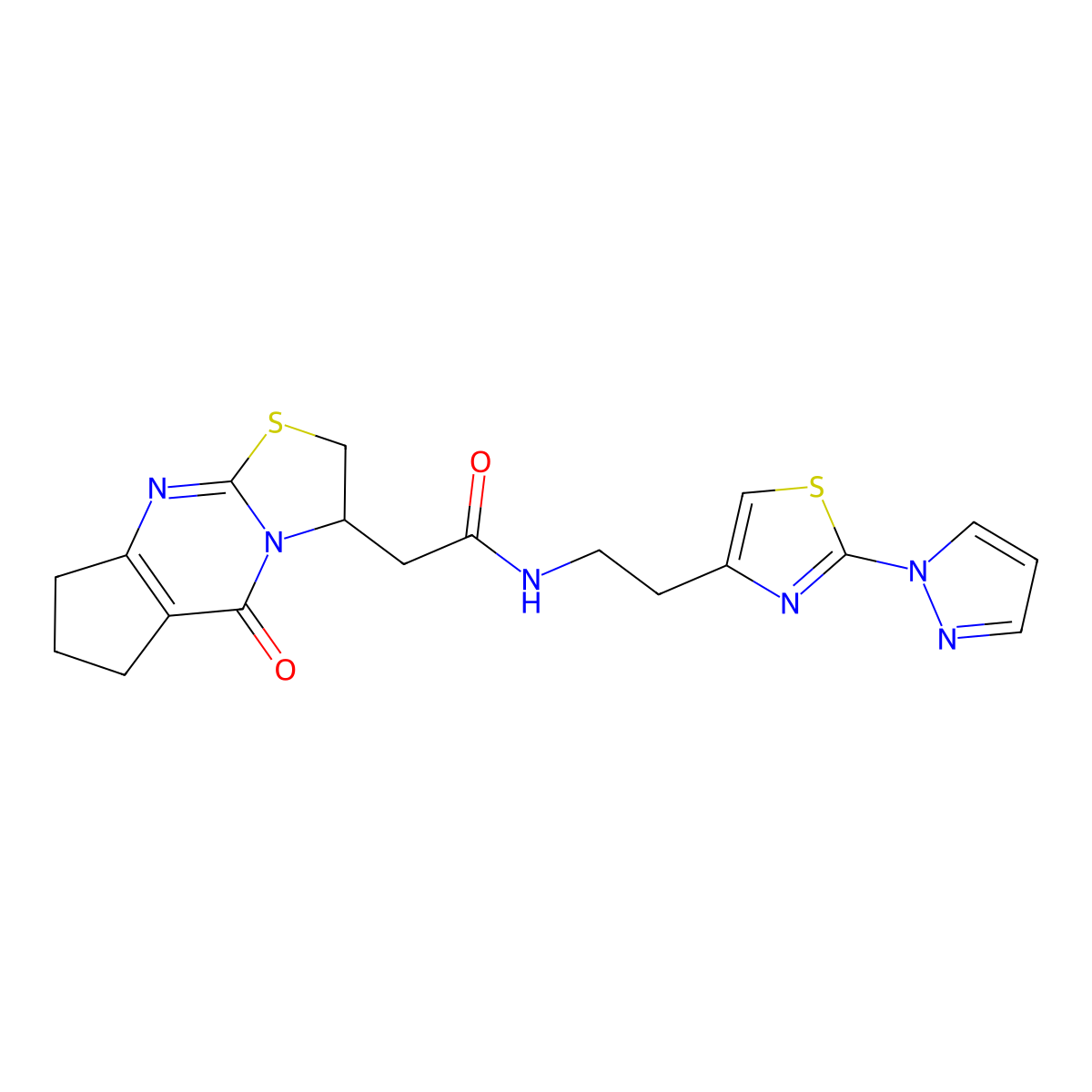 2-{2-oxo-10-thia-1,8-diazatricyclo[7.3.0.0^{3,7}]dodeca-3(7),8-dien-12-yl}-N-{2-[2-(1H-pyrazol-1-yl)-1,3-thiazol-4-yl]ethyl}acetamide molecular structure, CAS 1448133-07-0