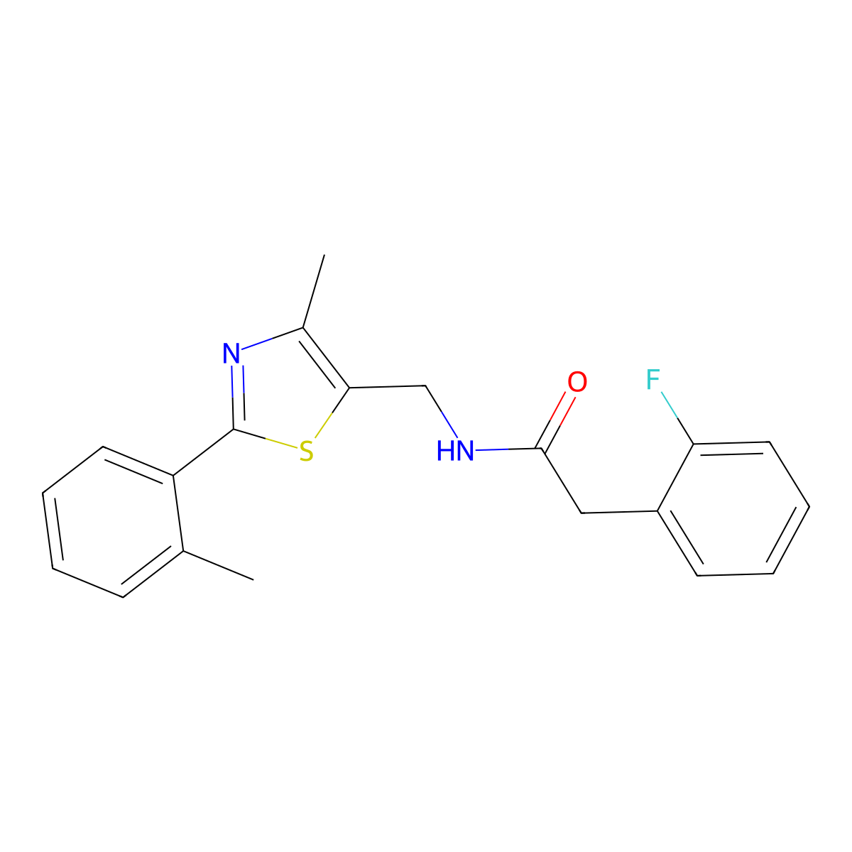 2-(2-fluorophenyl)-N-((4-methyl-2-(o-tolyl)thiazol-5-yl)methyl)acetamide molecular structure, CAS 1448133-12-7