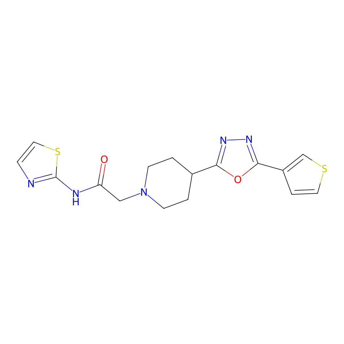 N-(thiazol-2-yl)-2-(4-(5-(thiophen-3-yl)-1,3,4-oxadiazol-2-yl)piperidin-1-yl)acetamide molecular structure, CAS 1448133-18-3