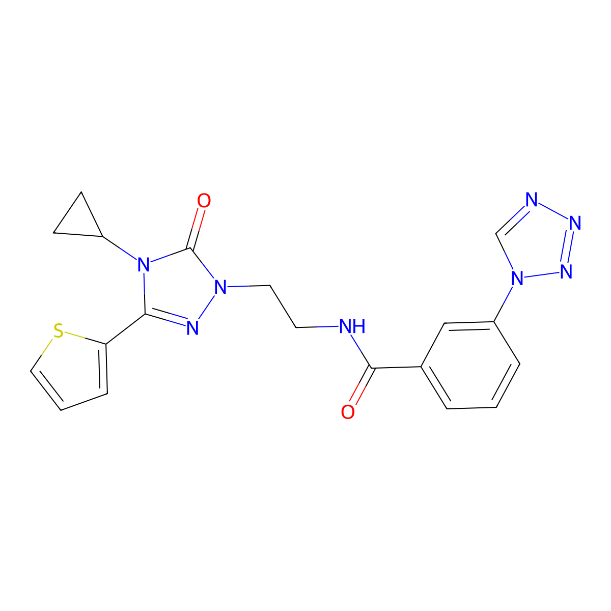 N-(2-(4-cyclopropyl-5-oxo-3-(thiophen-2-yl)-4,5-dihydro-1H-1,2,4-triazol-1-yl)ethyl)-3-(1H-tetrazol-1-yl)benzamide molecular structure, CAS 1448133-28-5
