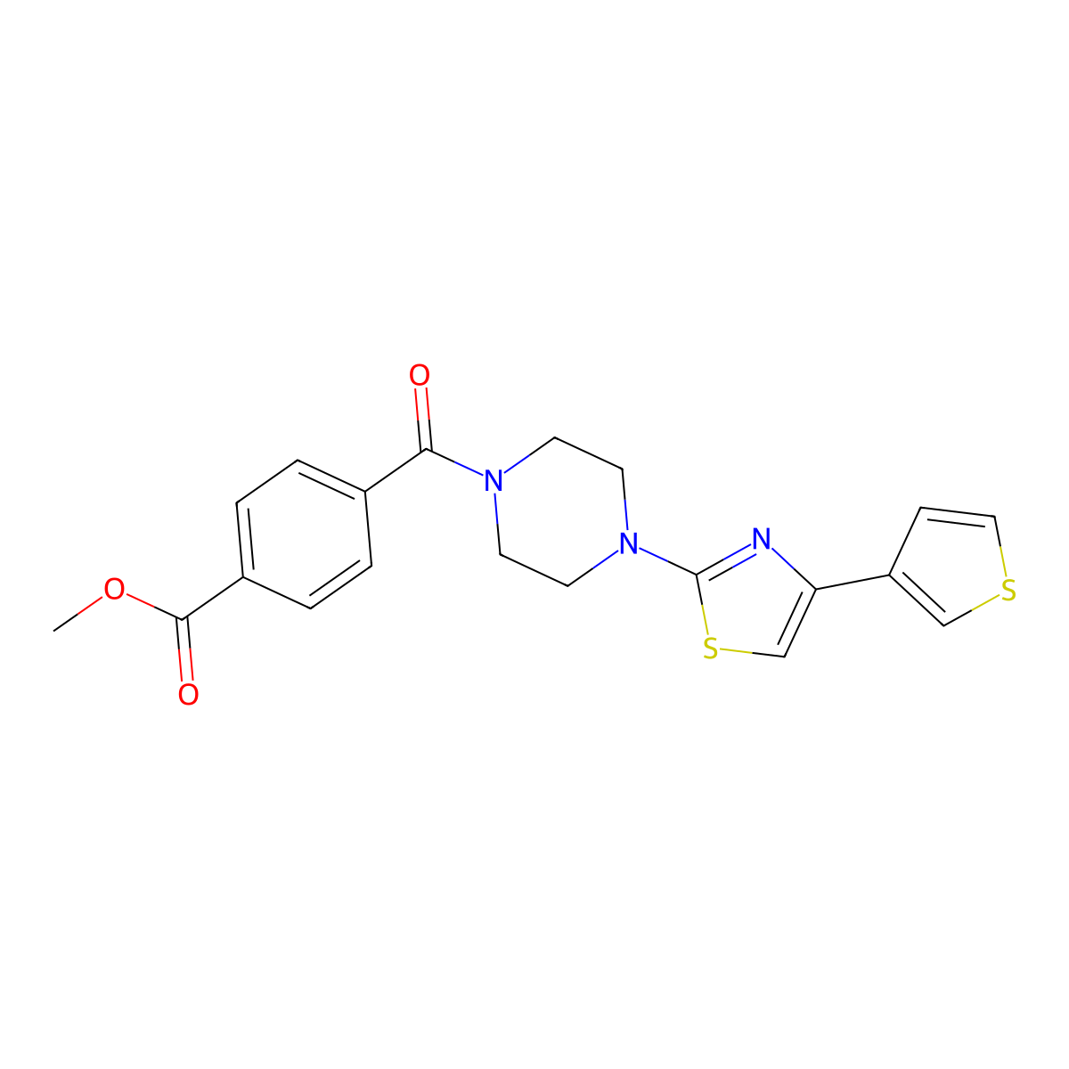 Methyl 4-(4-(4-(thiophen-3-yl)thiazol-2-yl)piperazine-1-carbonyl)benzoate molecular structure, CAS 1448133-30-9