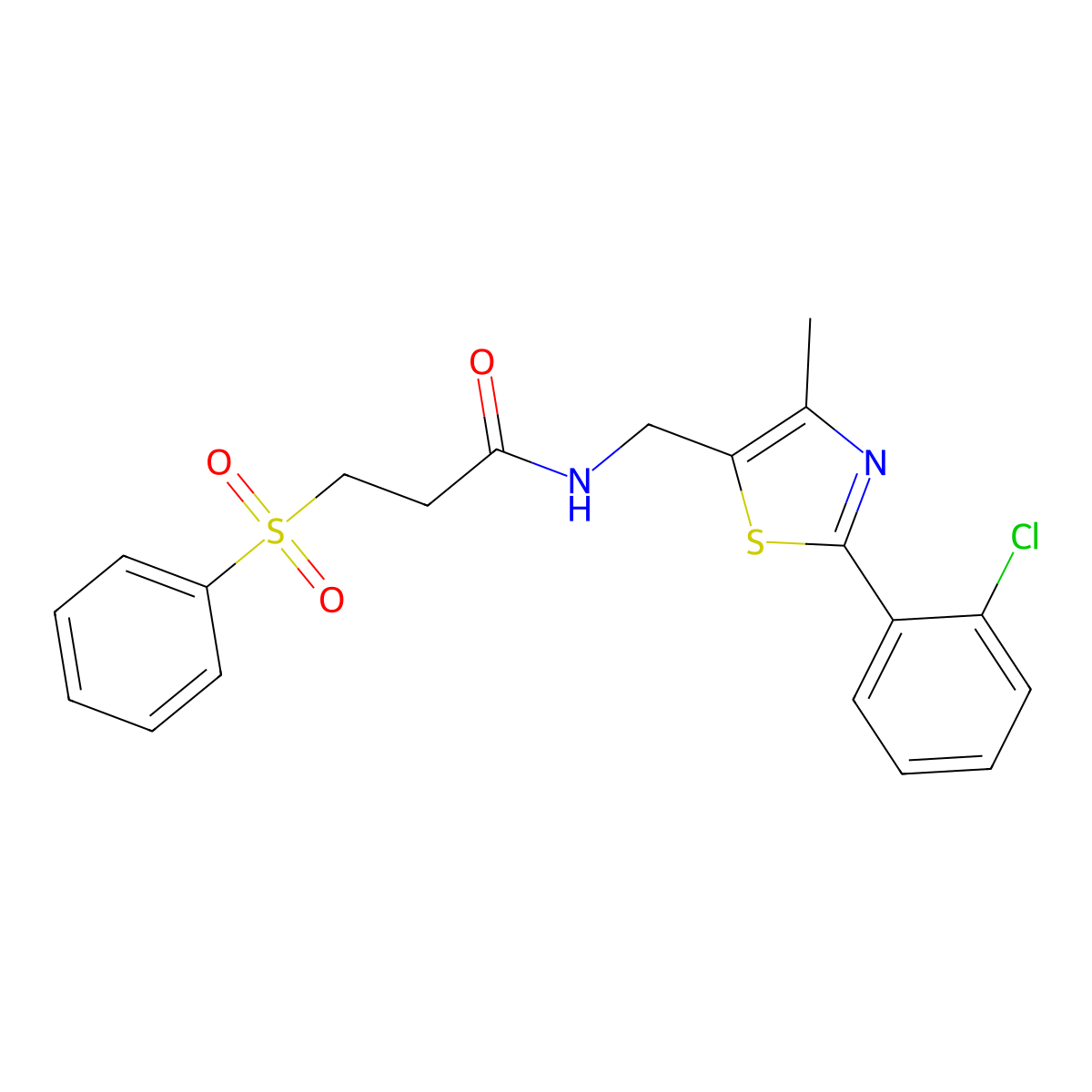 N-((2-(2-chlorophenyl)-4-methylthiazol-5-yl)methyl)-3-(phenylsulfonyl)propanamide molecular structure, CAS 1448133-36-5