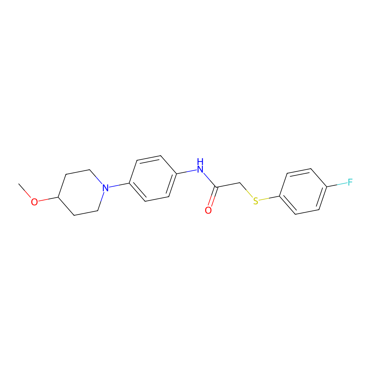 2-((4-fluorophenyl)thio)-N-(4-(4-methoxypiperidin-1-yl)phenyl)acetamide molecular structure, CAS 1448133-43-4