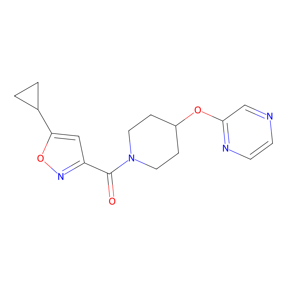 (5-Cyclopropylisoxazol-3-yl)(4-(pyrazin-2-yloxy)piperidin-1-yl)methanone molecular structure, CAS 1448133-48-9