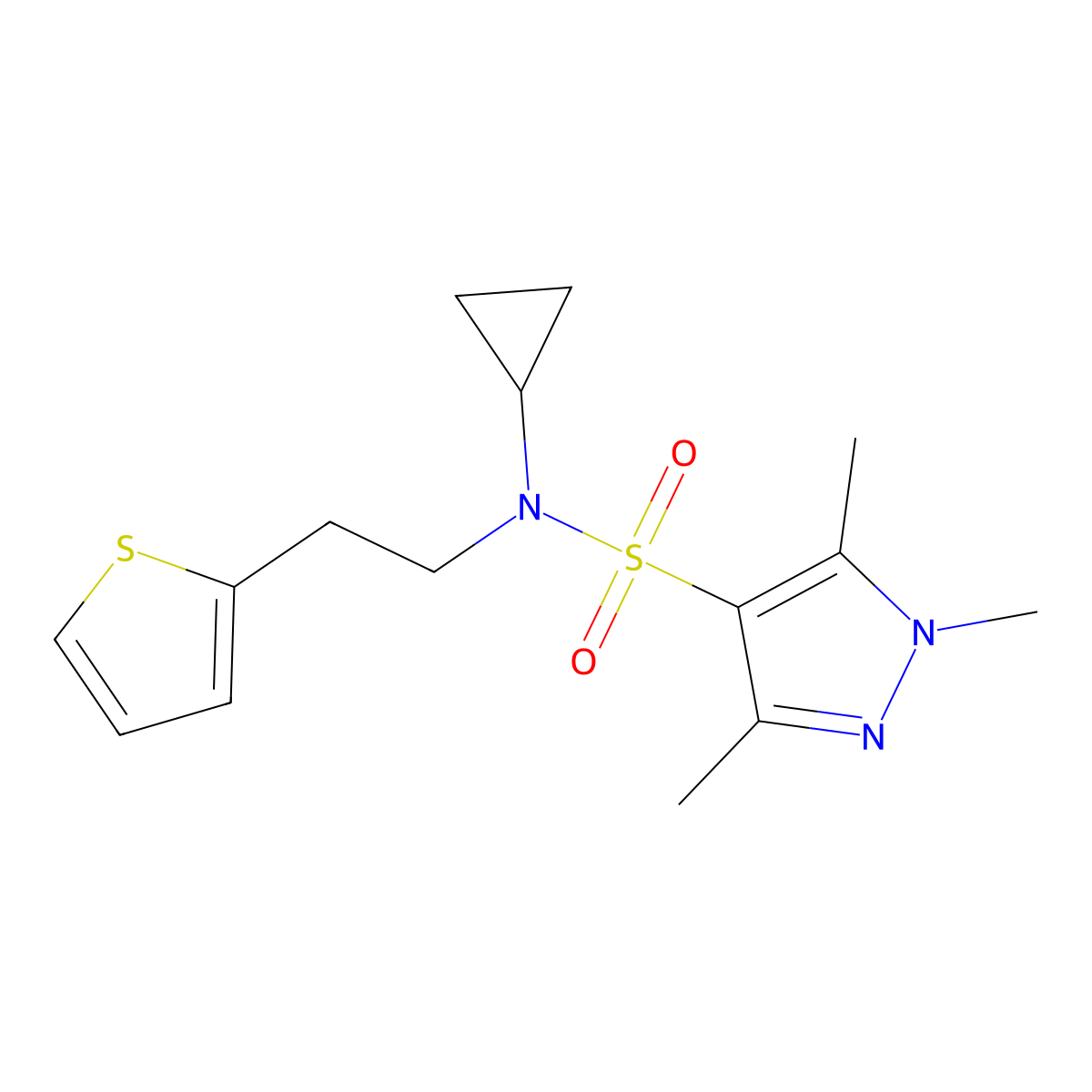N-cyclopropyl-1,3,5-trimethyl-N-(2-(thiophen-2-yl)ethyl)-1H-pyrazole-4-sulfonamide molecular structure, CAS 1448133-55-8