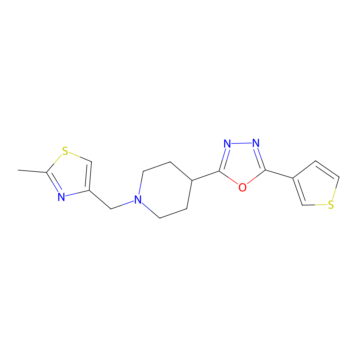 2-(1-((2-Methylthiazol-4-yl)methyl)piperidin-4-yl)-5-(thiophen-3-yl)-1,3,4-oxadiazole molecular structure, CAS 1448133-63-8