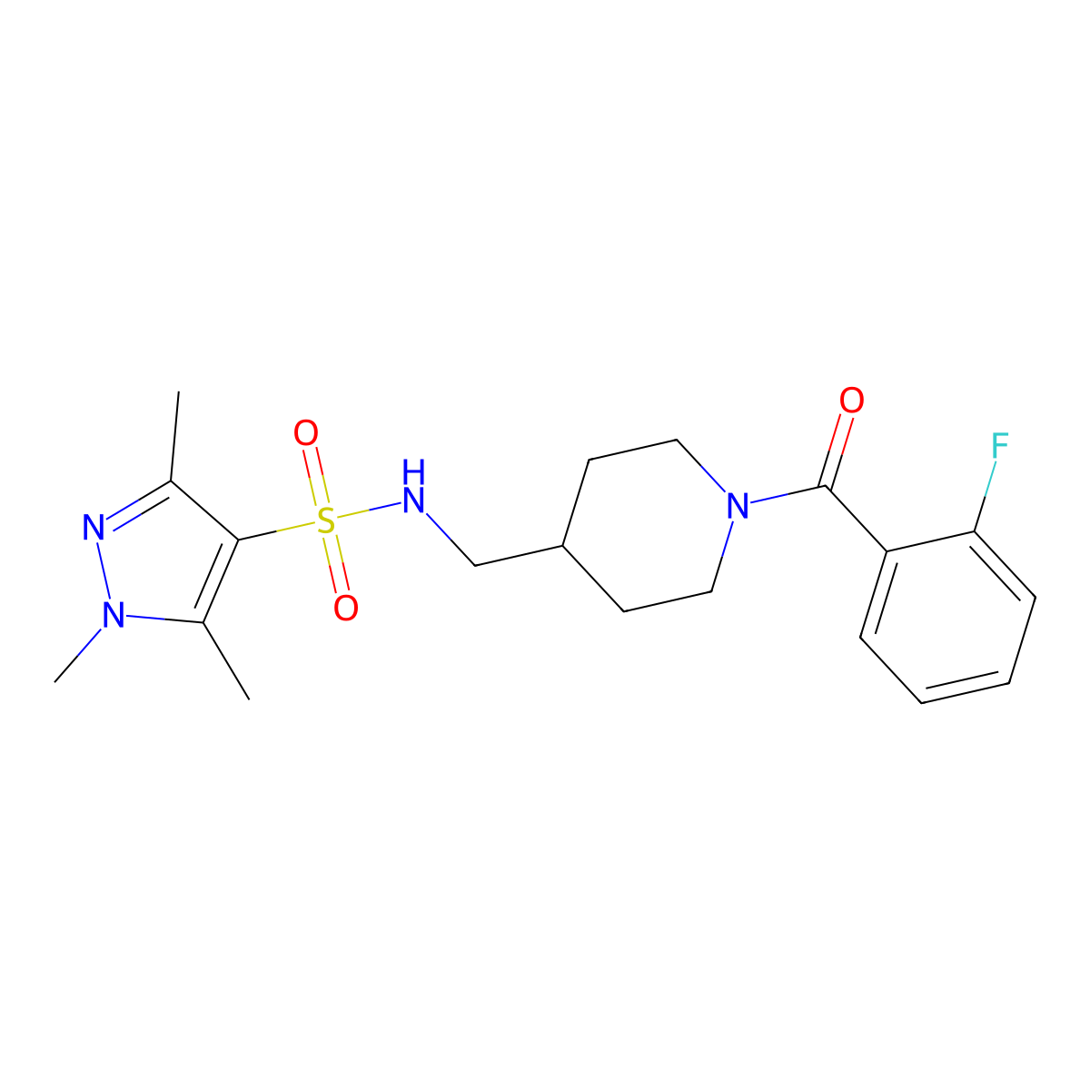 N-{[1-(2-fluorobenzoyl)piperidin-4-yl]methyl}-1,3,5-trimethyl-1H-pyrazole-4-sulfonamide molecular structure, CAS 1448133-81-0