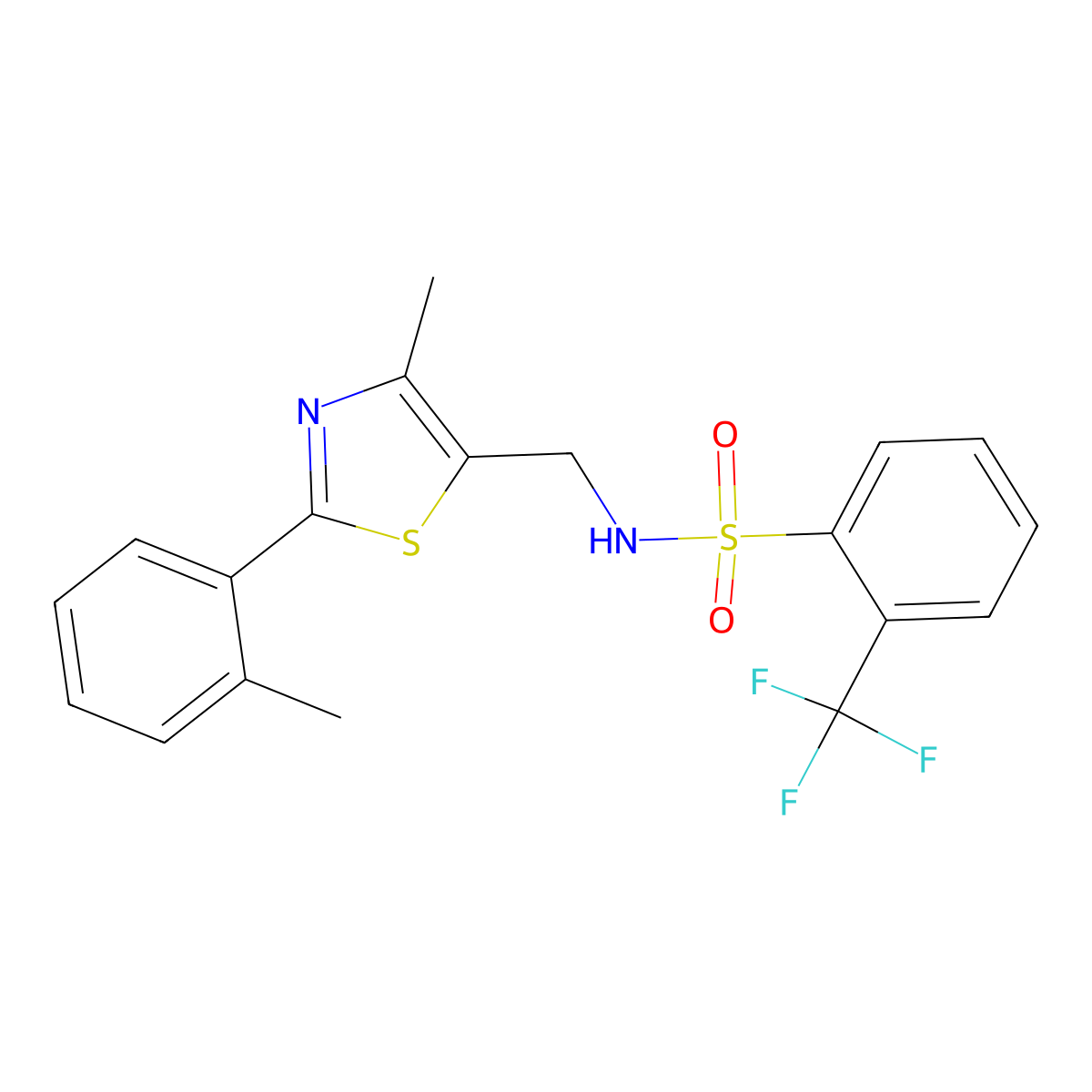 N-((4-methyl-2-(o-tolyl)thiazol-5-yl)methyl)-2-(trifluoromethyl)benzenesulfonamide molecular structure, CAS 1448133-83-2