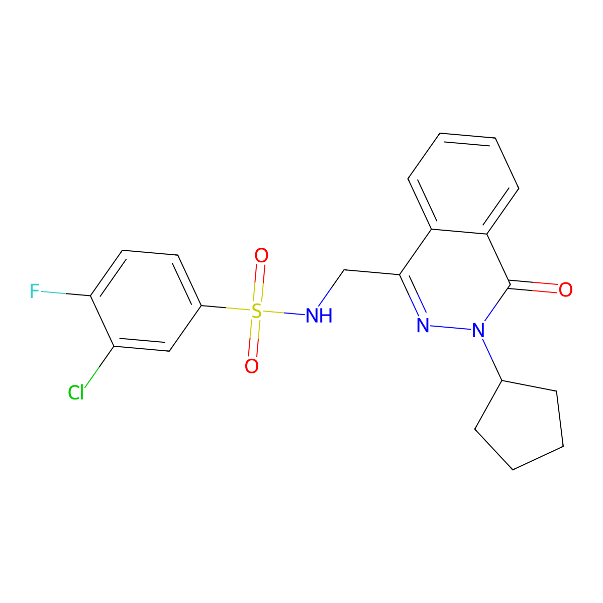 3-chloro-N-((3-cyclopentyl-4-oxo-3,4-dihydrophthalazin-1-yl)methyl)-4-fluorobenzenesulfonamide molecular structure, CAS 1448133-88-7