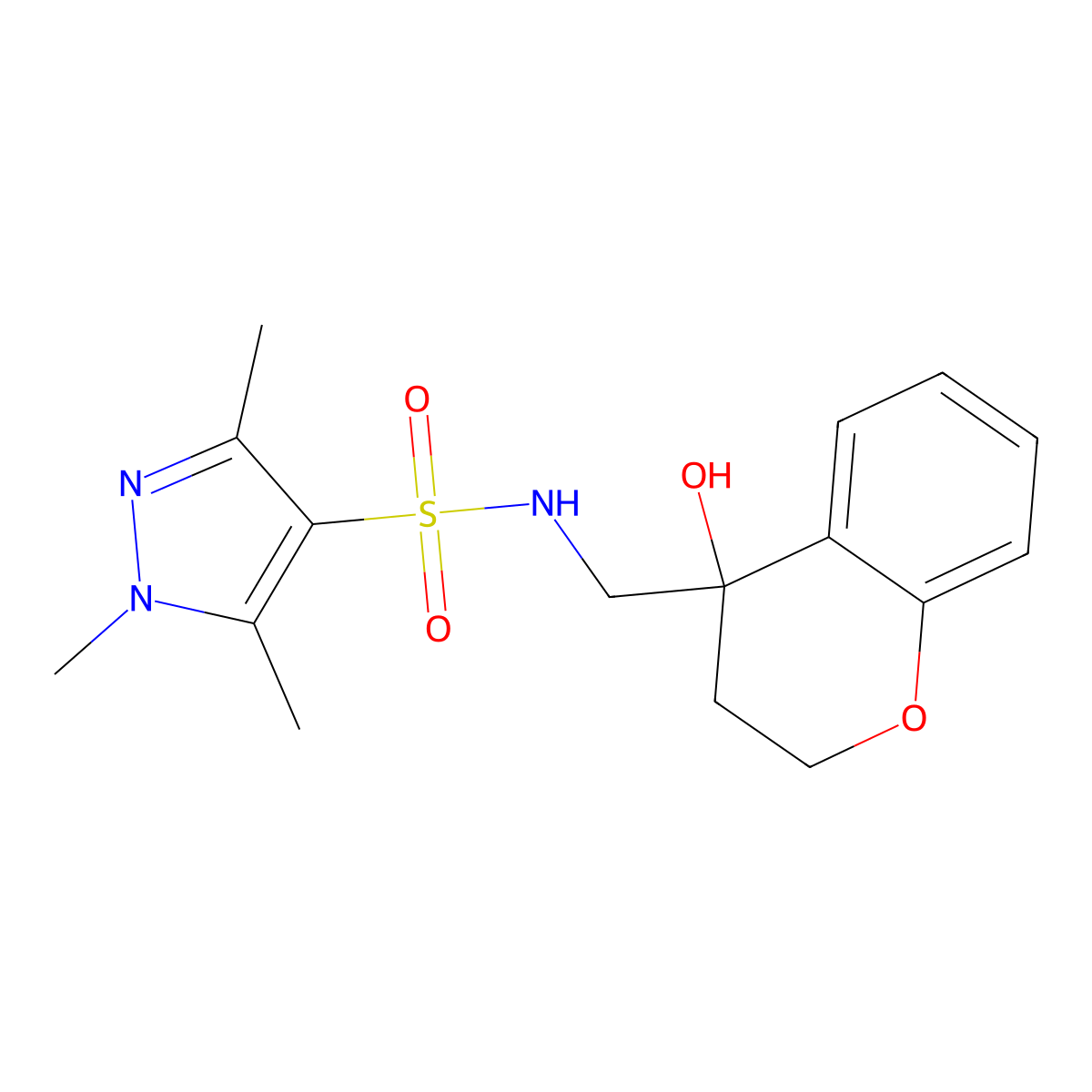N-((4-hydroxychroman-4-yl)methyl)-1,3,5-trimethyl-1H-pyrazole-4-sulfonamide molecular structure, CAS 1448133-89-8