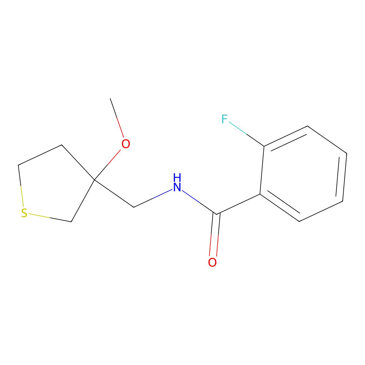 2-fluoro-N-((3-methoxytetrahydrothiophen-3-yl)methyl)benzamide molecular structure, CAS 1448133-92-3